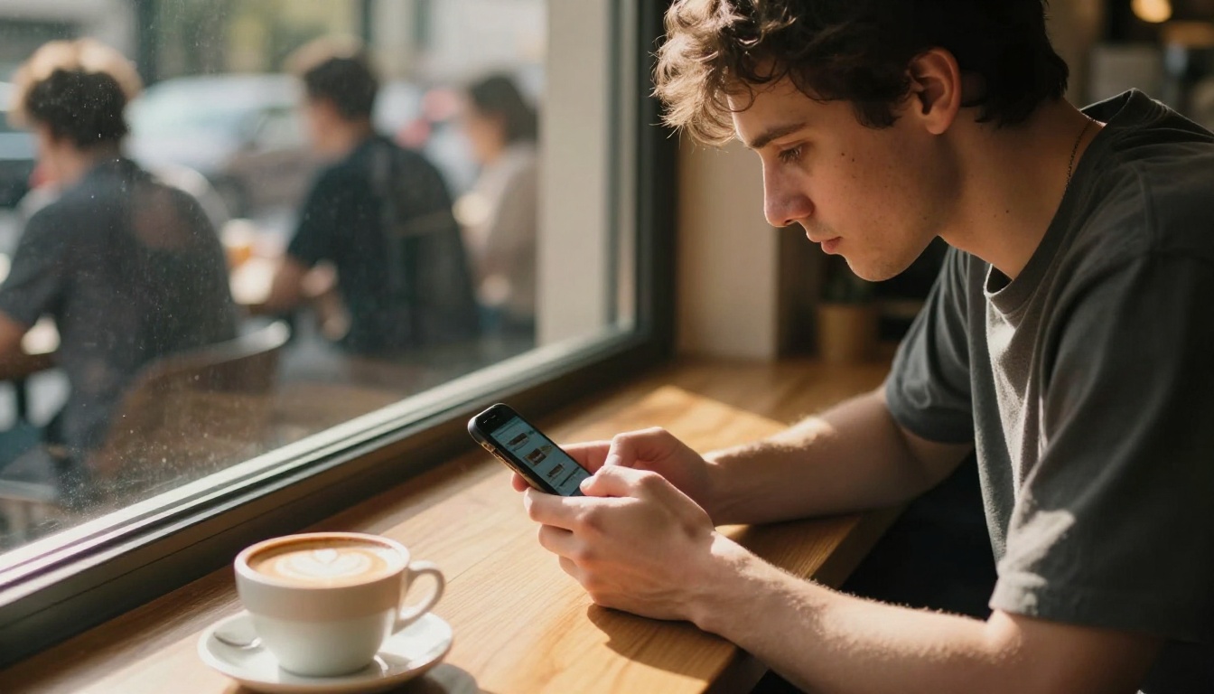 Young man at wooden café table scrolling smartphone in warm afternoon golden window light with blurred café background