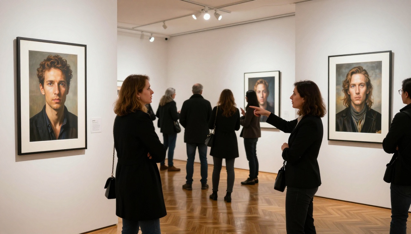 A fine art gallery opening with visitors debating in front of AI-generated prints