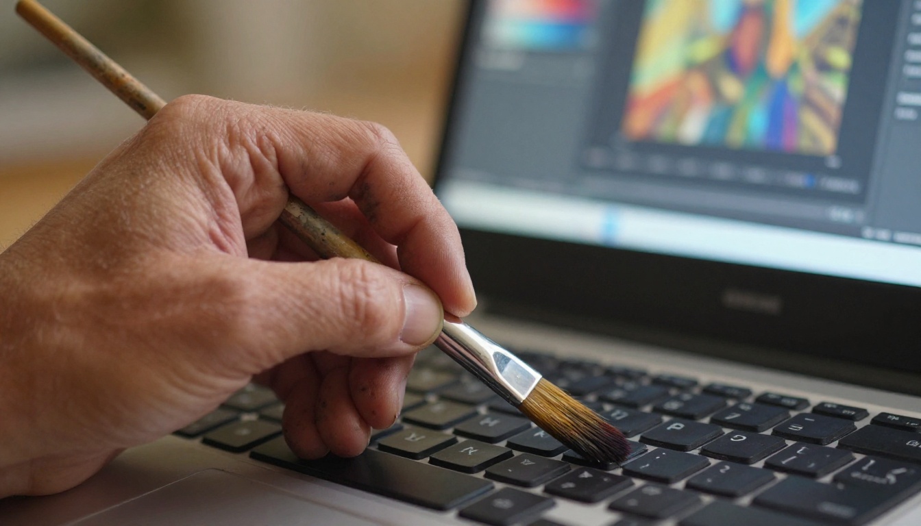 Close-up of a painter's hand beside a keyboard, the contrast between brushes and technology