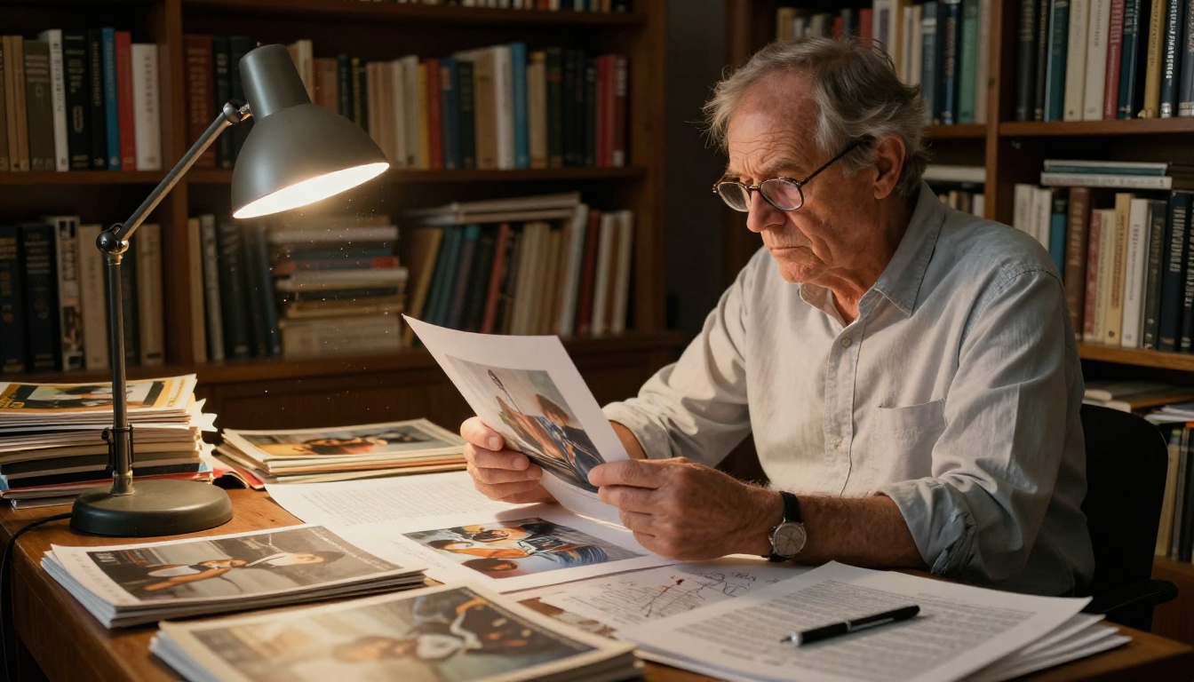 An art critic examining a printed AI image at his desk surrounded by books and papers