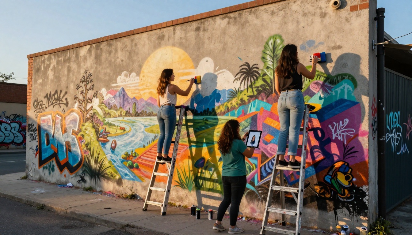 Two women muralists working on a large street art piece, one referencing an AI image on a tablet