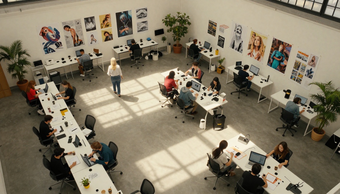 An aerial view of a creative studio with dozens of people working on AI art projects An aerial view of a creative studio with dozens of people working on AI art projects