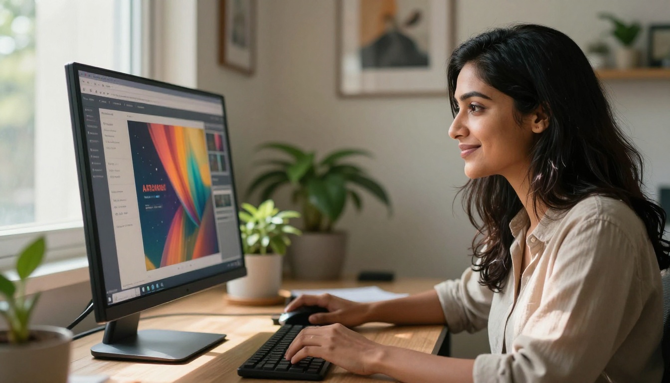 A woman smiling as she browses an AI image generation platform on a wide monitor A woman smiling as she browses an AI image generation platform on a wide monitor