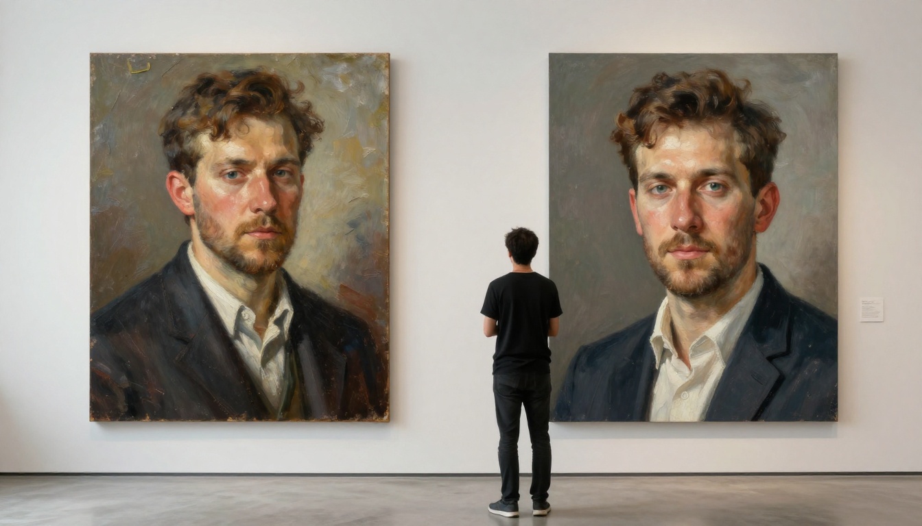 A side-by-side comparison of an oil painting and an AI-generated portrait mounted in a photography studio A side-by-side comparison of an oil painting and an AI-generated portrait mounted in a photography studio