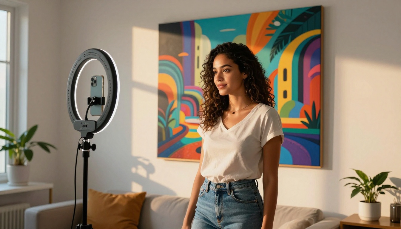 A stylish woman posing in front of a large AI-generated artwork in a modern apartment A stylish woman posing in front of a large AI-generated artwork in a modern apartment