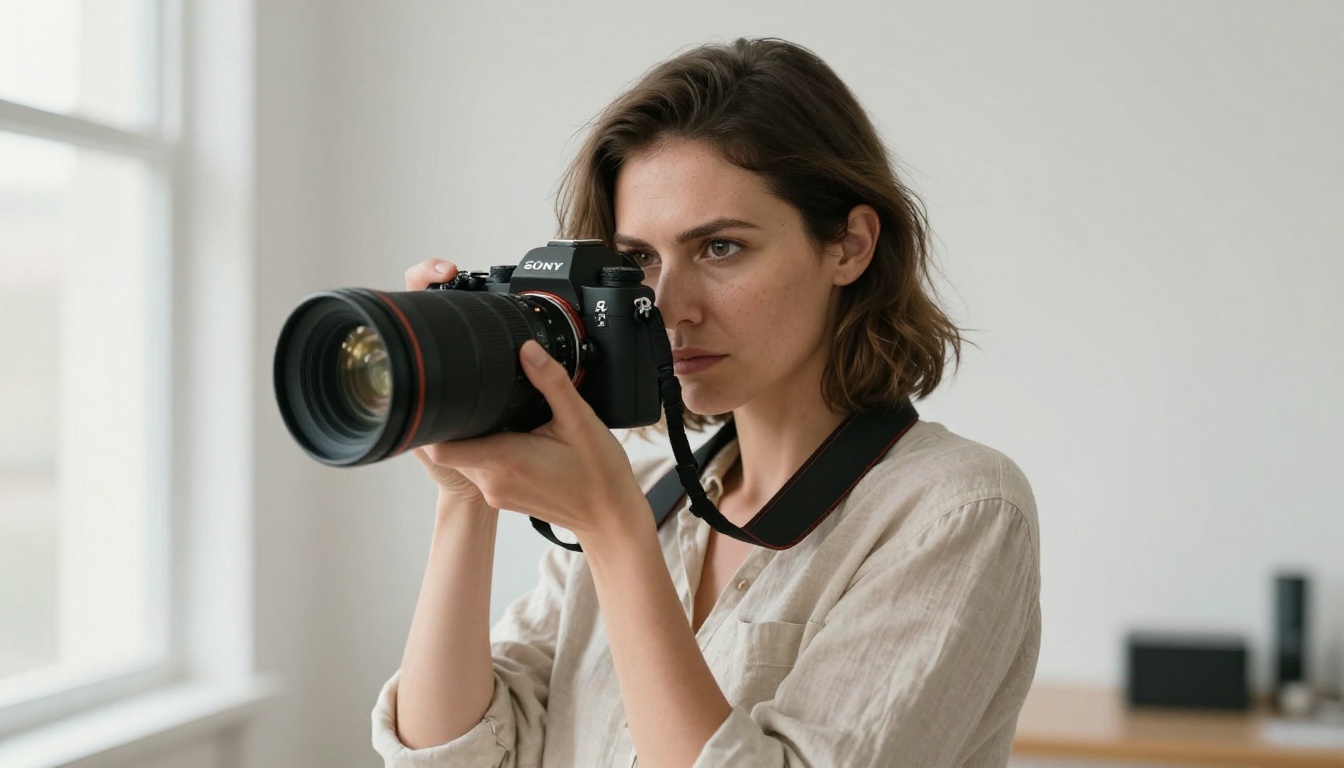 Professional photographer holding camera protectively against her chest in a bright studio