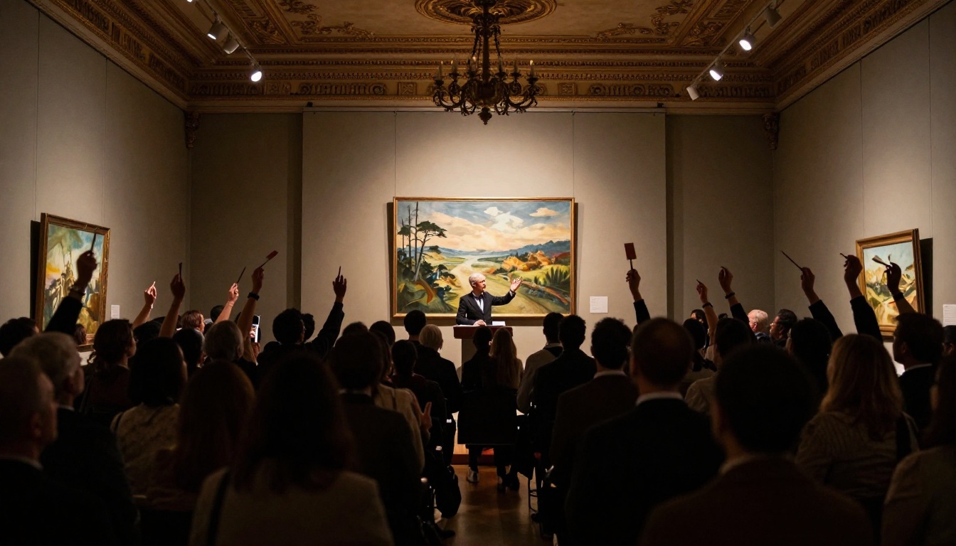 A dramatic auction room scene with an AI-generated artwork being sold to an engaged crowd A dramatic auction room scene with an AI-generated artwork being sold to an engaged crowd