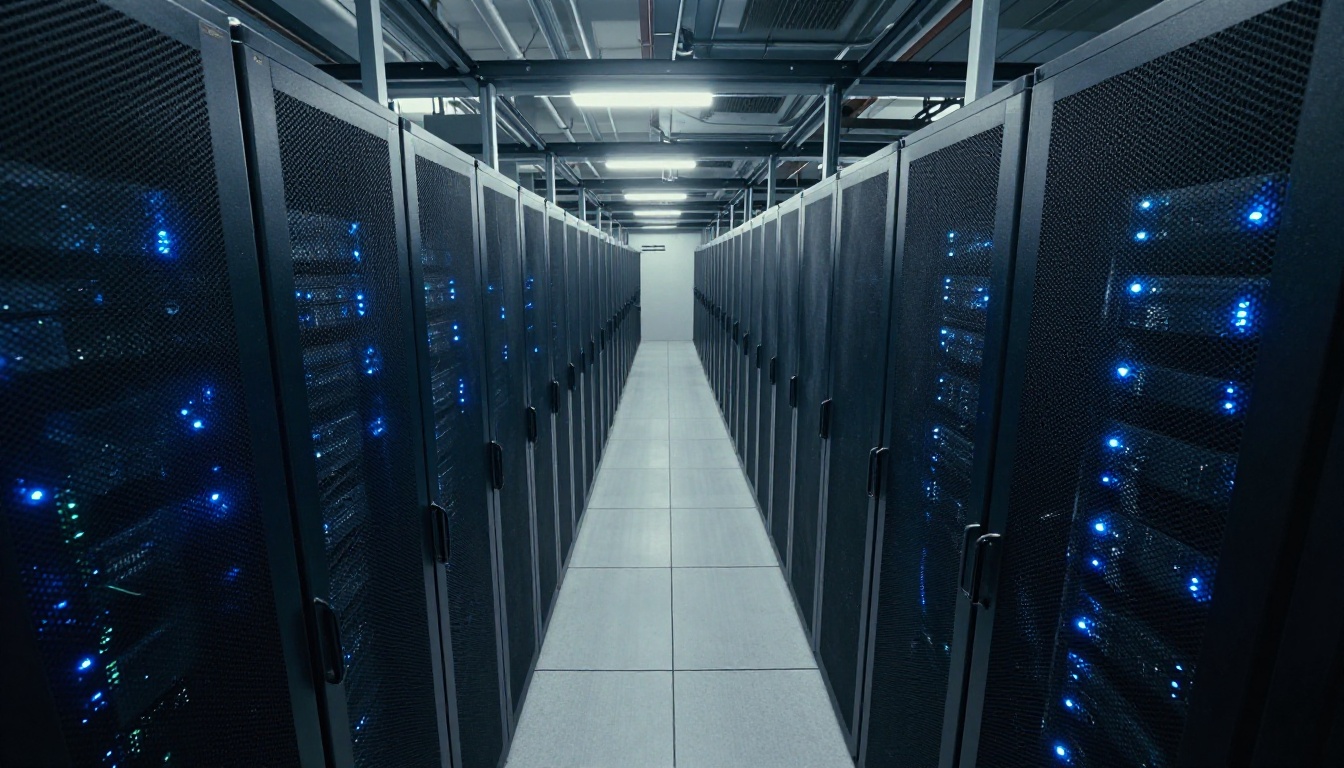 Rows of illuminated server racks in a sterile data center photographed from floor level