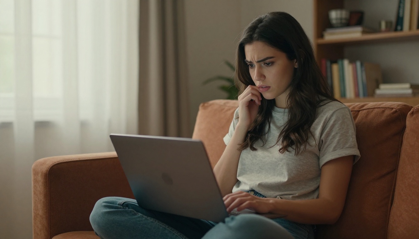 Young woman with long dark hair reviewing content on a laptop at home with a concerned expression