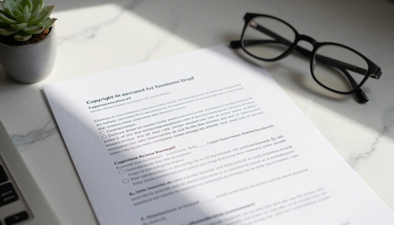 Close-up of a legal document on a marble desk with a fountain pen and reading glasses