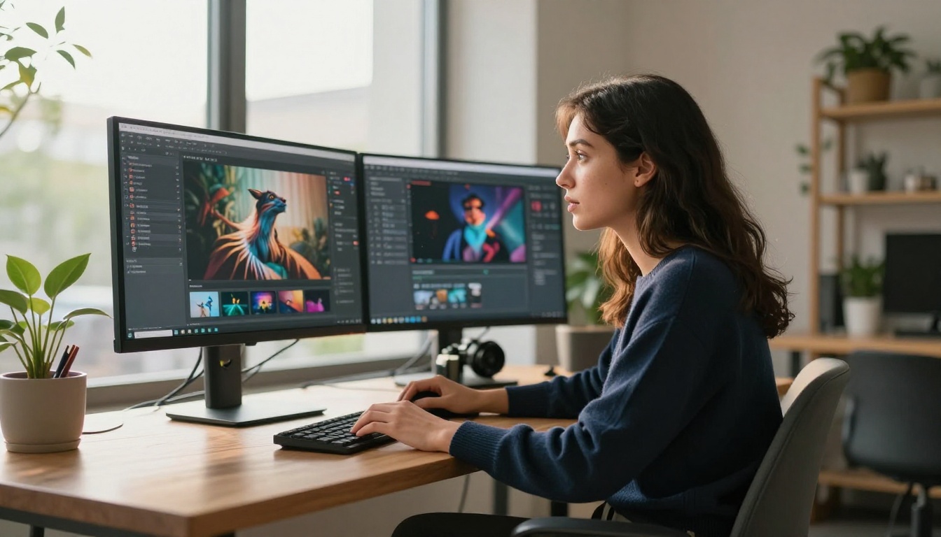 Tech-savvy woman sitting at a standing desk with two monitors displaying an AI image interface Tech-savvy woman sitting at a standing desk with two monitors displaying an AI image interface