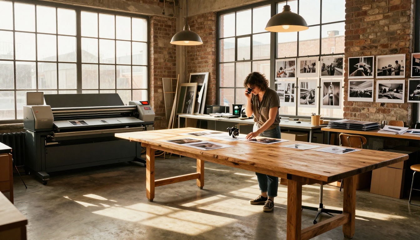 Woman photographer examining prints in a creative studio with warm golden light through industrial windows Woman photographer examining prints in a creative studio with warm golden light through industrial windows