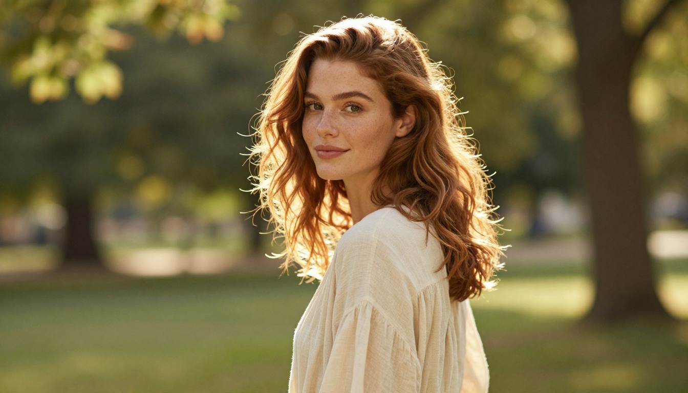 Woman with auburn hair standing in a sun-dappled park looking over her shoulder with a natural smile Woman with auburn hair standing in a sun-dappled park looking over her shoulder with a natural smile
