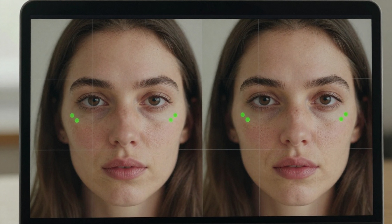 AI facial recognition interface showing tracking dots mapped on a woman's face beside a laptop screen