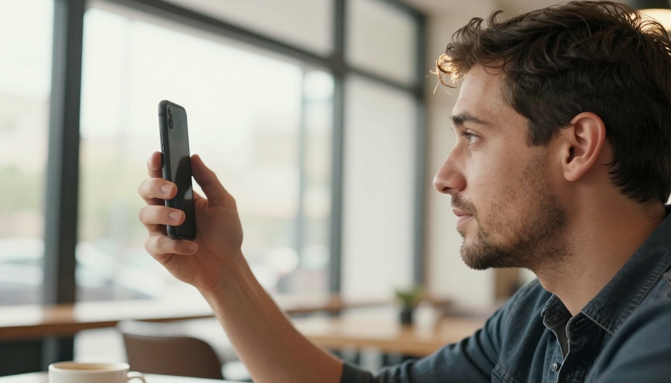 Man in his 30s taking a selfie at eye level in a bright cafe, warm window light framing his face from behind