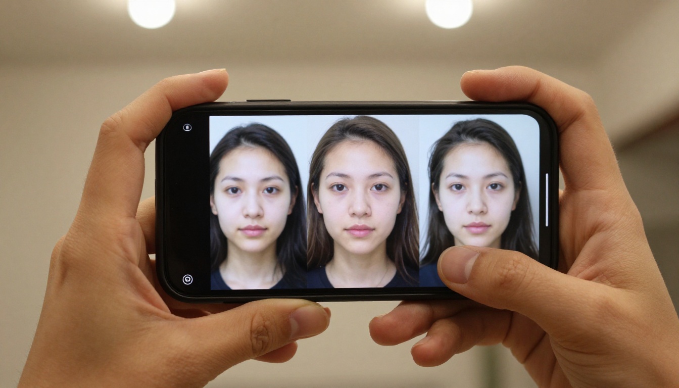 Woman's hands holding a smartphone showing AI portrait results side by side, soft indoor ambient light, shallow depth of field