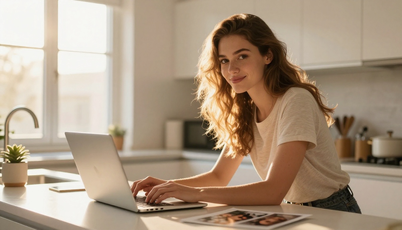Woman standing at a bright kitchen counter reviewing photos on her laptop, golden morning backlight framing her hair and shoulders