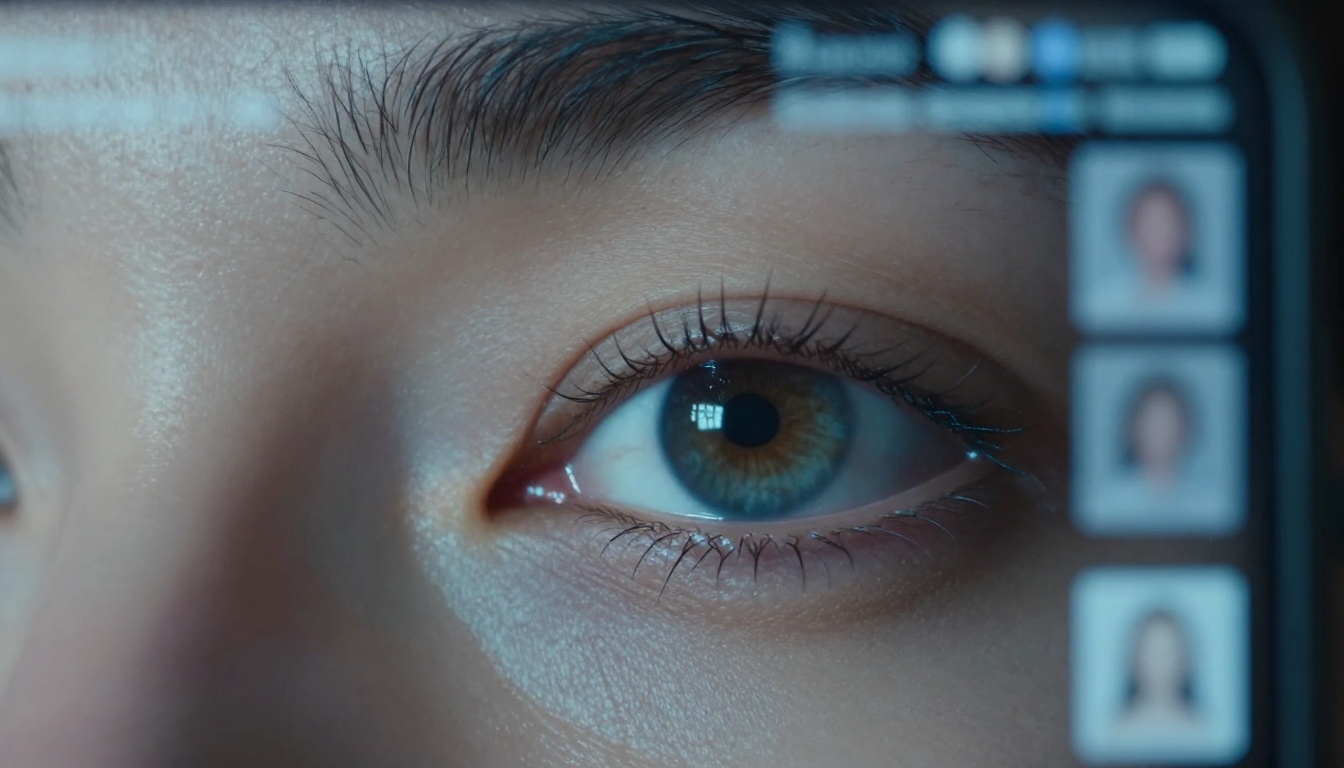 Dramatic macro close-up of a person's eye reflected in a glowing smartphone screen, extreme shallow depth of field