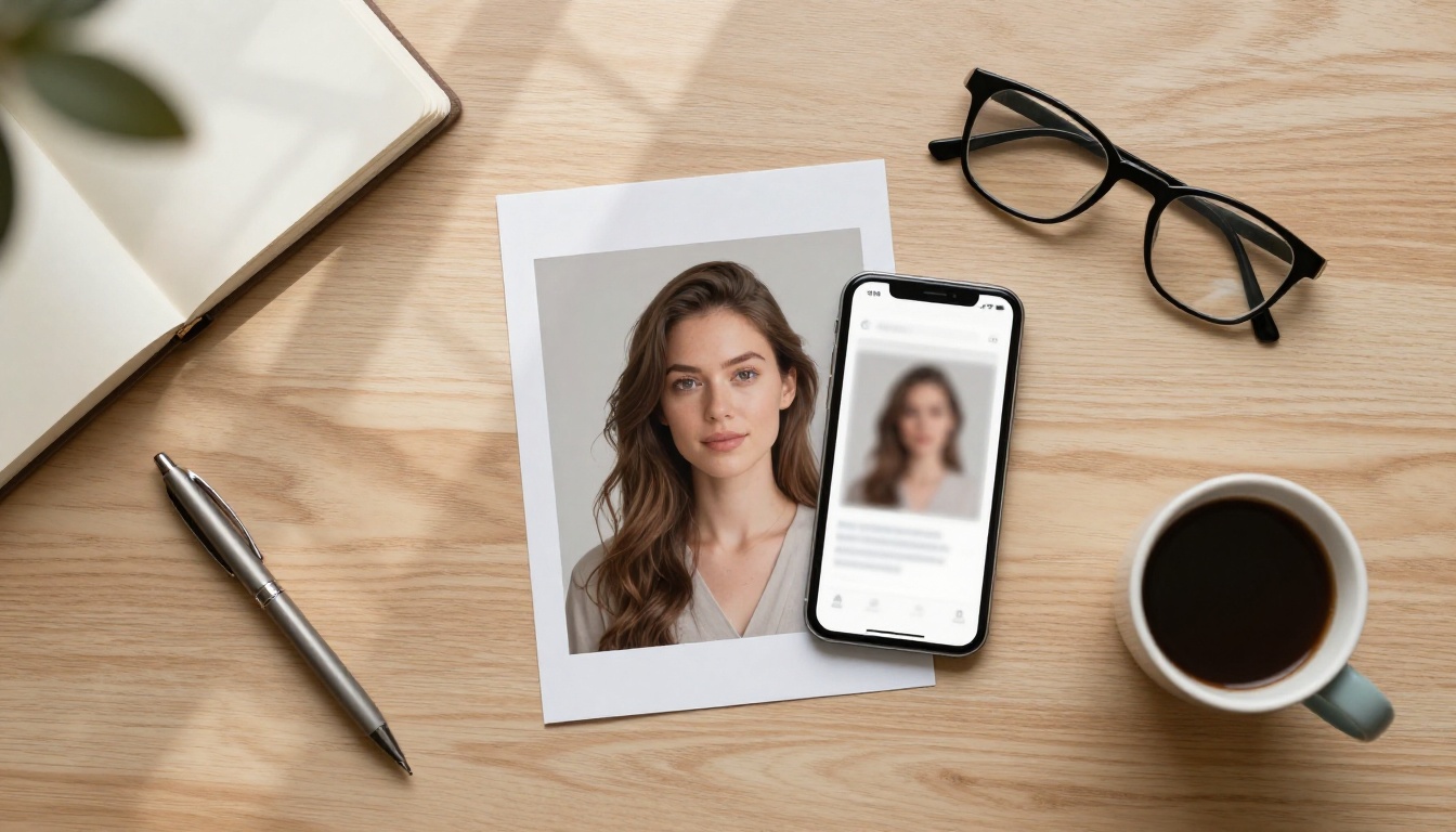 Overhead flat-lay of a woman's desk with a printed photo, journal, pen, glasses, and smartphone on light oak wood in diffused natural light