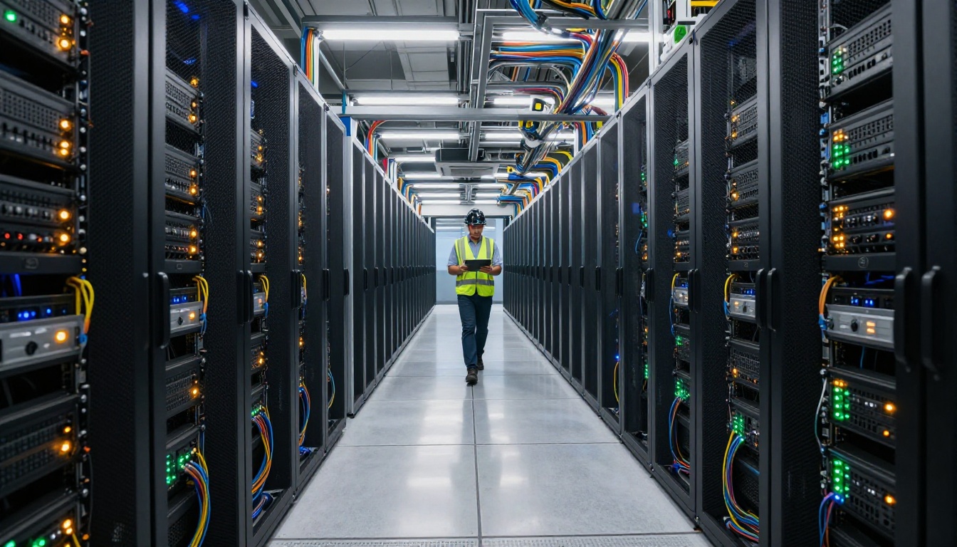 Wide shot of a data center server room corridor with a technician