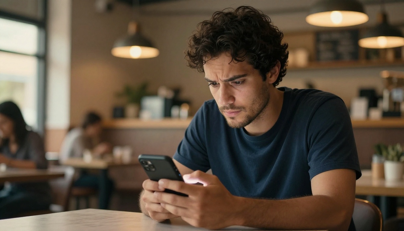 Man in a cafe looking at his phone with a thoughtful expression