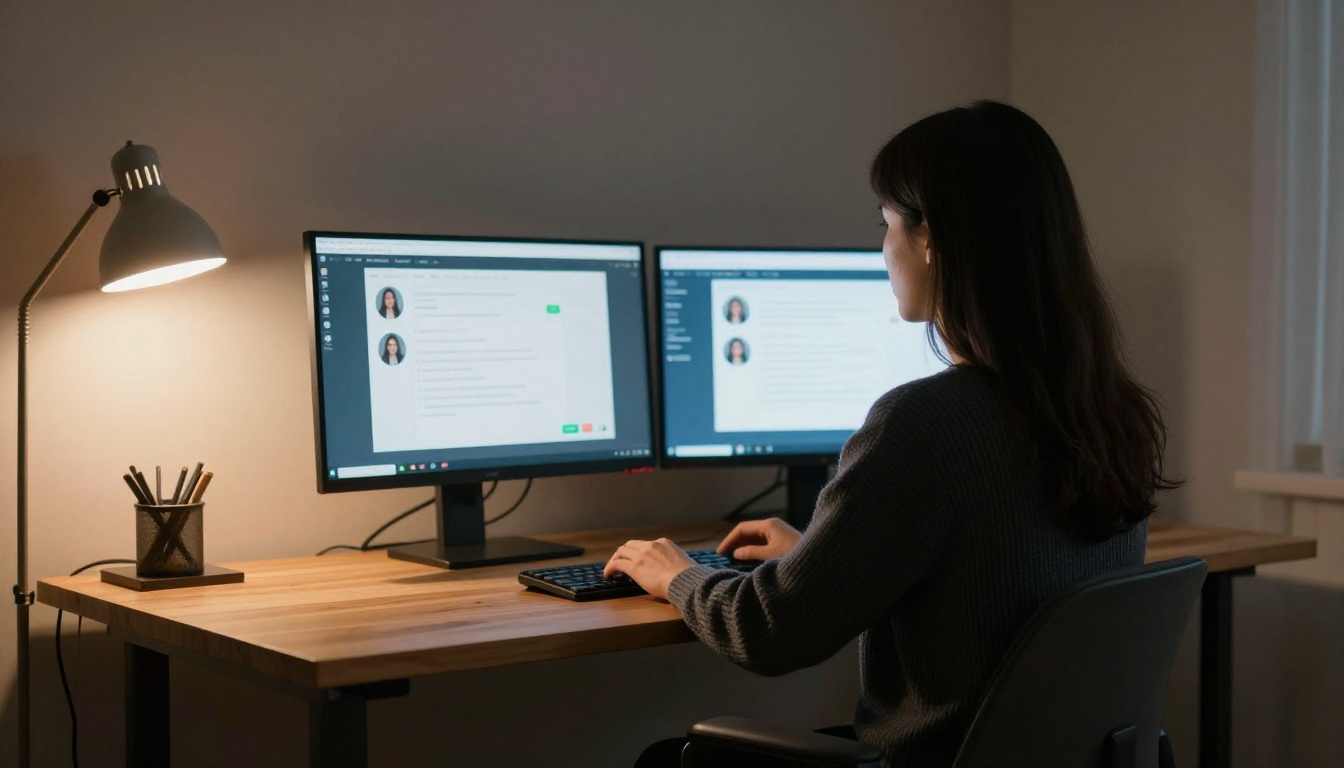 Woman working at night in a home office with two monitors showing an AI chat interface Woman working at night in a home office with two monitors showing an AI chat interface