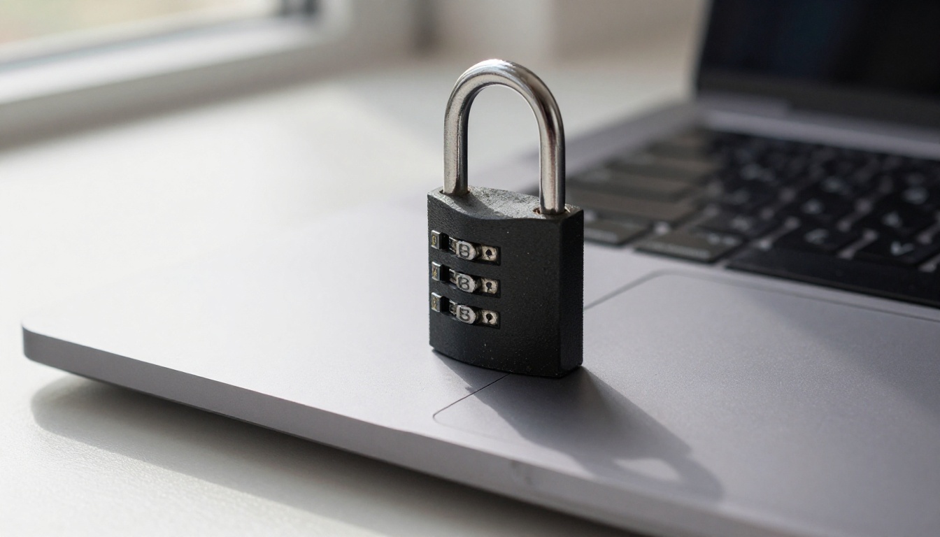 Padlock resting on a closed laptop in a bright home office Padlock resting on a closed laptop in a bright home office
