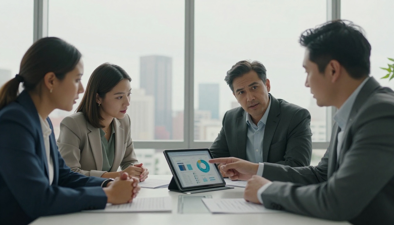 Three colleagues reviewing printed documents and a tablet in a bright conference room Three colleagues reviewing printed documents and a tablet in a bright conference room