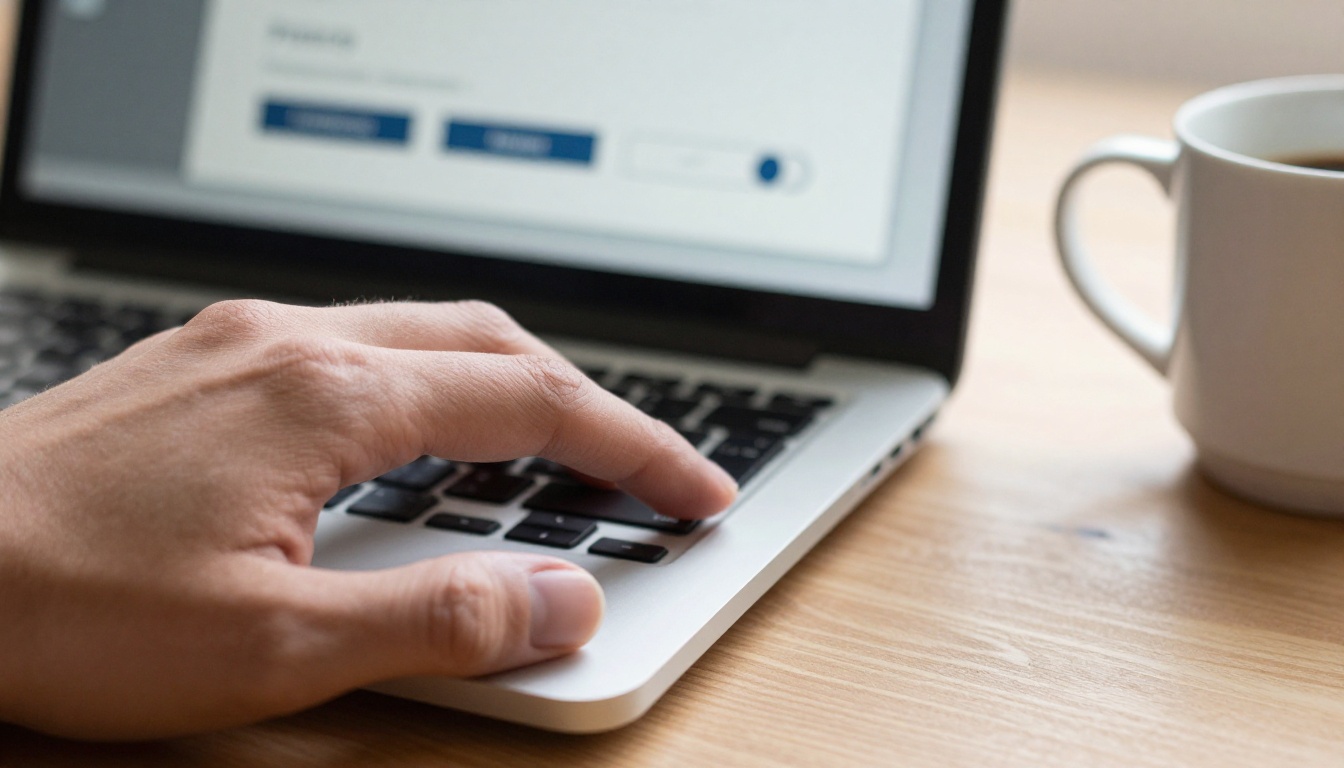 A hand hovering over a keyboard with privacy settings visible in background