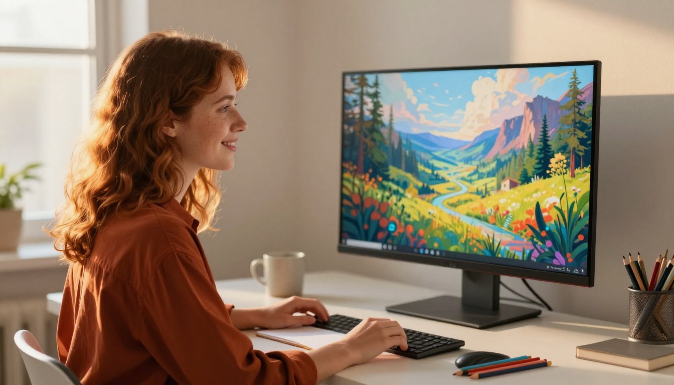 Young woman with auburn hair smiling at colorful AI-generated artwork on her monitor Young woman with auburn hair smiling at colorful AI-generated artwork on her monitor