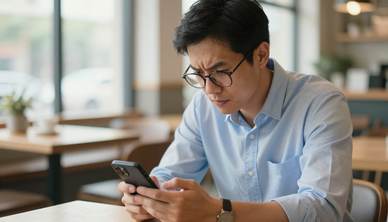 Man reading terms of service on a smartphone in a cafe