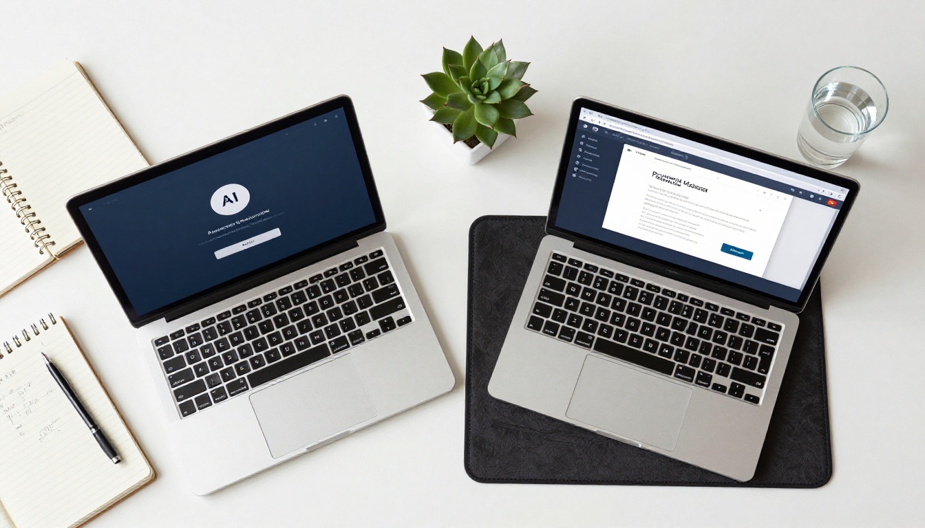 Two laptops side by side on a white desk, aerial flat lay