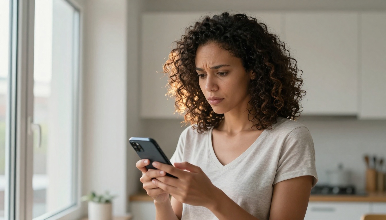 Woman standing by a window reviewing app permissions on her smartphone