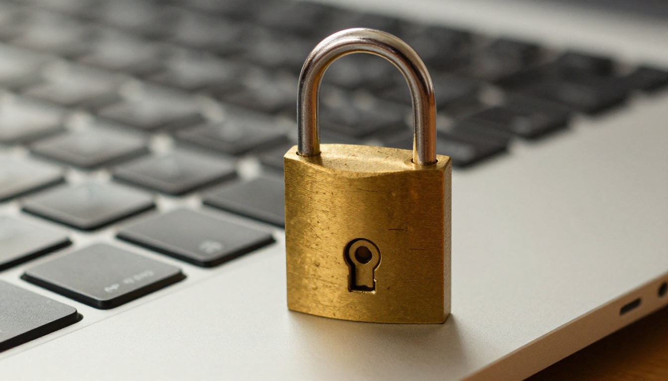 Macro close-up of a brass padlock resting on a laptop keyboard