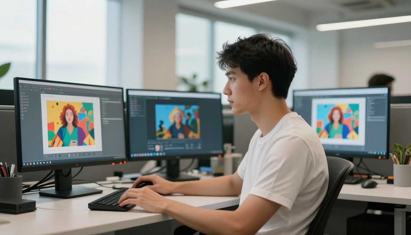 Young professional man using an AI image generation platform on dual monitors