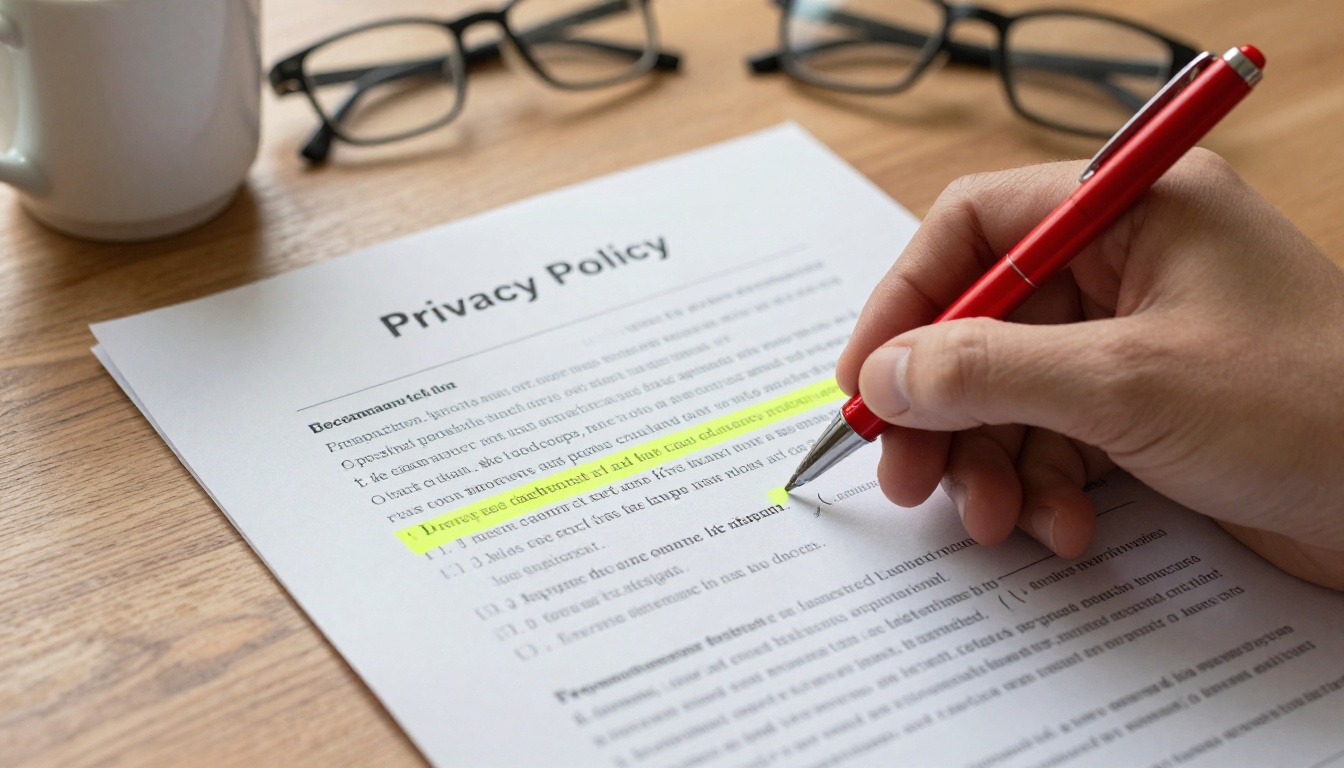 A printed privacy policy document with highlighted text and red pen annotations on a wooden table