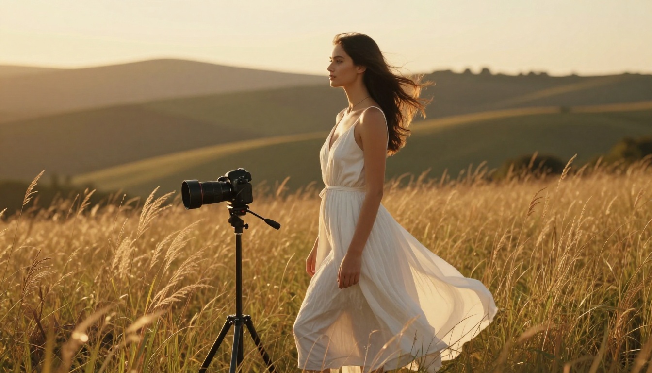 Professional photographer shooting a model in golden hour outdoor light, rolling hills in background, flowing white dress, 70-200mm telephoto compression