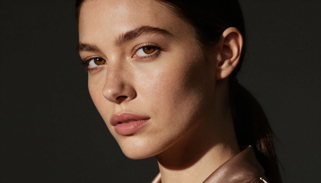 Close-up studio portrait with Rembrandt lighting, natural skin texture, warm amber catchlights, silk fabric