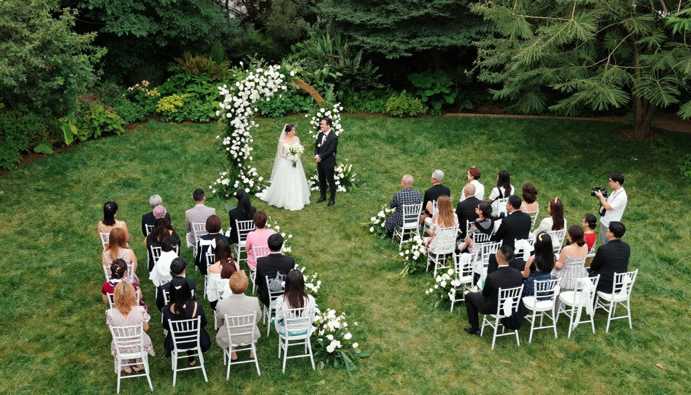 Aerial bird's eye view of wedding ceremony in a lush garden, floral arch, rows of guests, photographer visible in corner