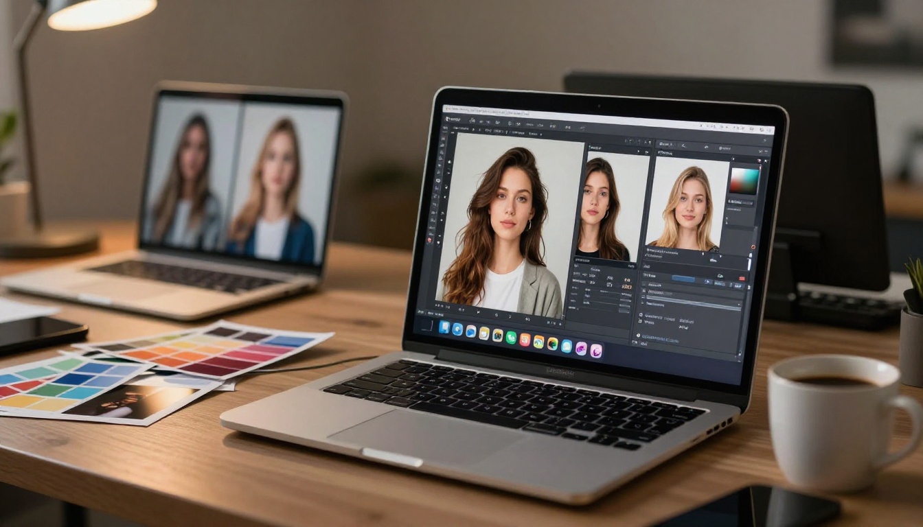 Laptop screen showing AI-generated portraits, professional editing desk, color swatches, scattered photo prints and coffee mug