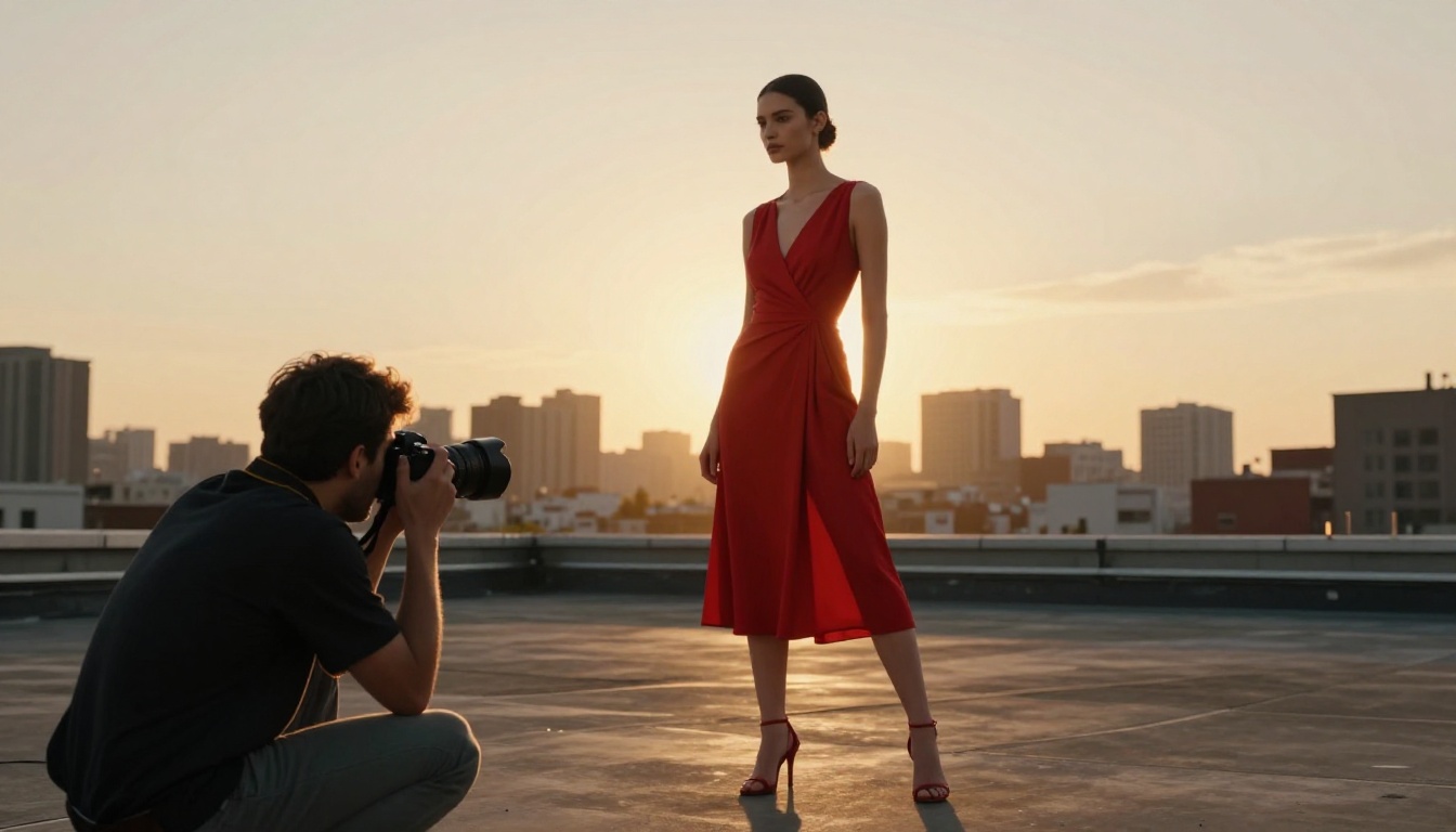 Fashion model on urban rooftop at magic hour in red cocktail dress, photographer crouching low, golden dusk rim lighting