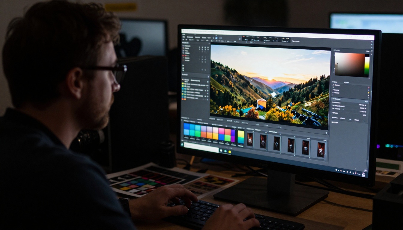 Professional photographer editing in a dark post-production suite, monitor light illuminating face, film prints on desk