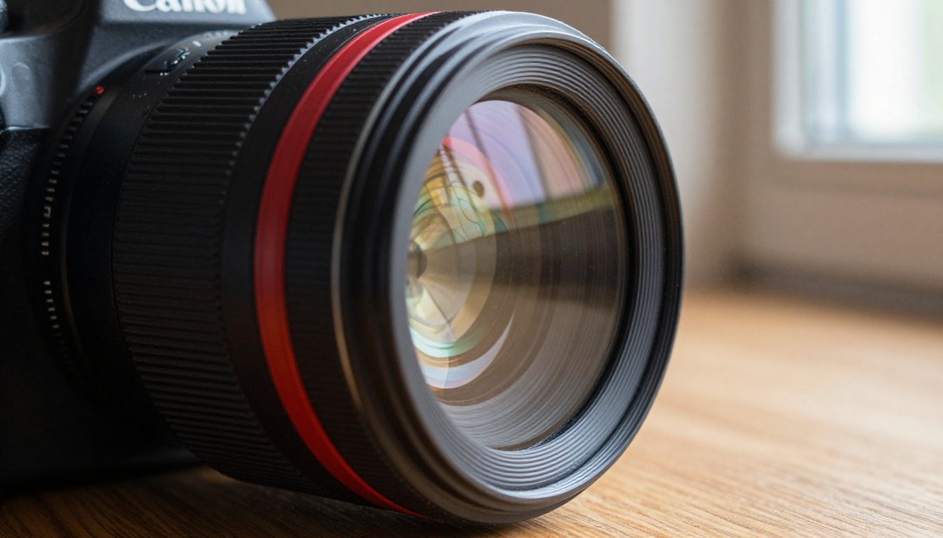 Macro close-up of Canon L-series camera lens, red ring detail, warm window light, metallic focus ring texture