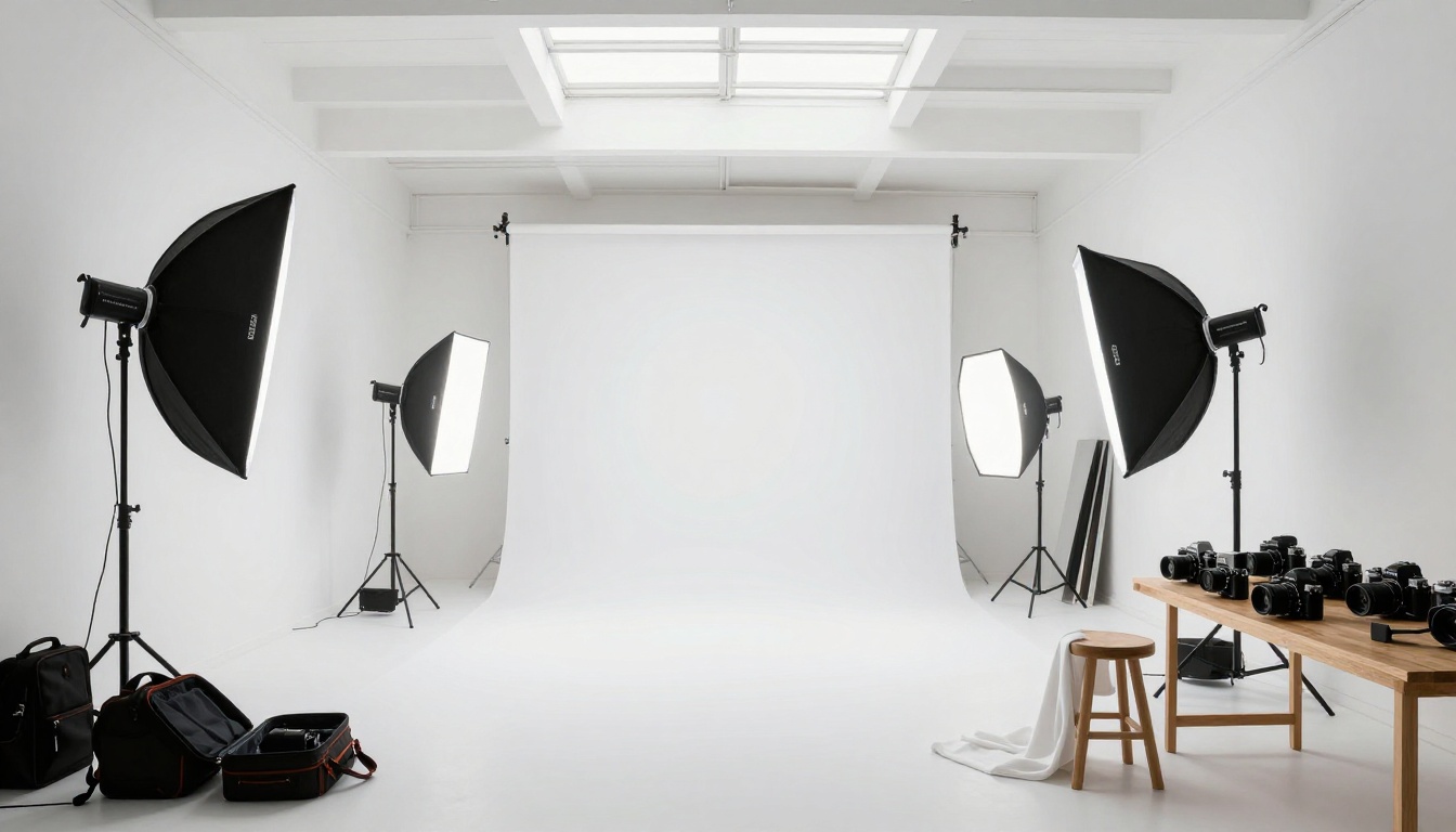 Wide-angle interior of professional photography studio with softboxes, C-stands, vintage cameras on shelves, natural skylights