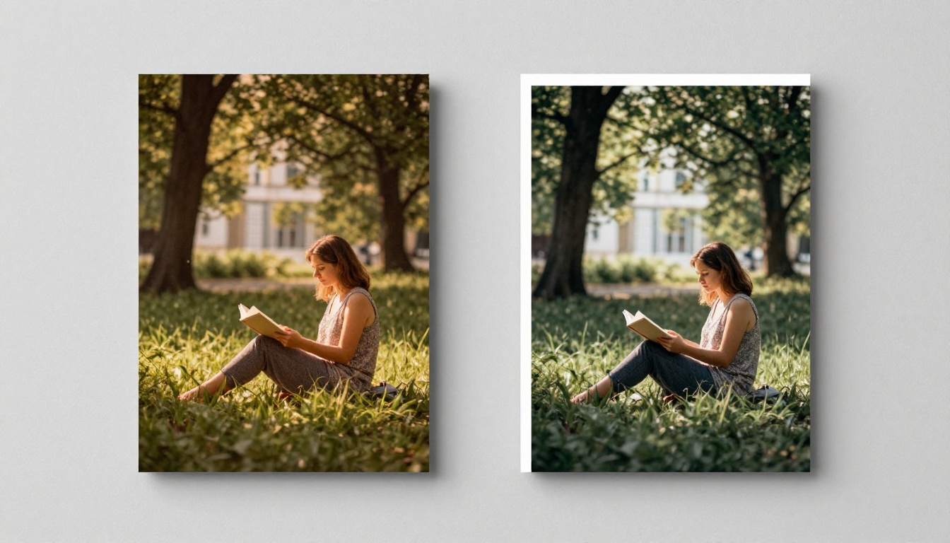 Side-by-side gallery comparison of warm film photograph and crisp AI-generated equivalent, both showing a woman in a park, natural window light