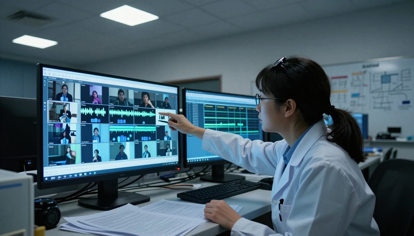 Researcher in a university computer science lab analyzing video frames on multiple screens