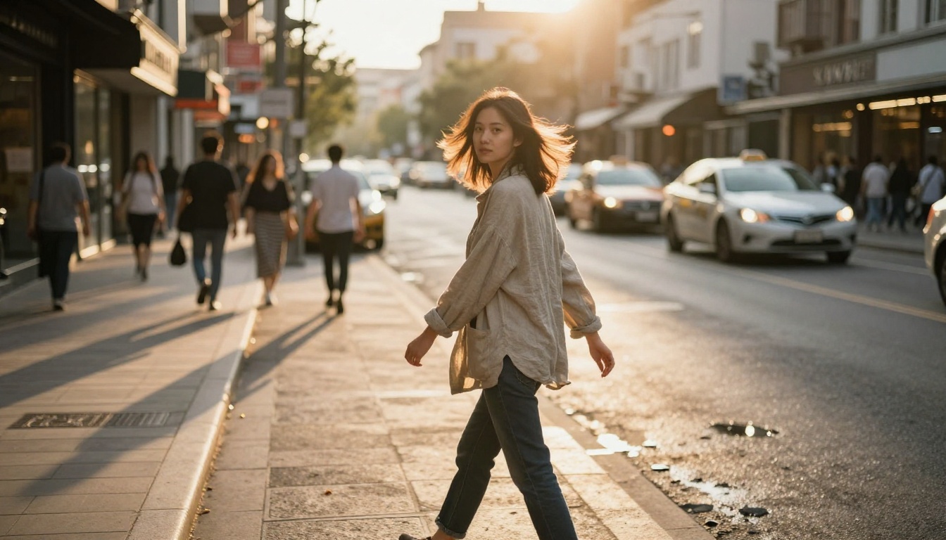 A woman walking confidently through a golden-hour urban street with natural motion