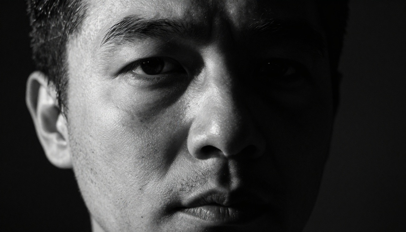 Dramatic chiaroscuro portrait showing hyper-realistic skin texture and directional light