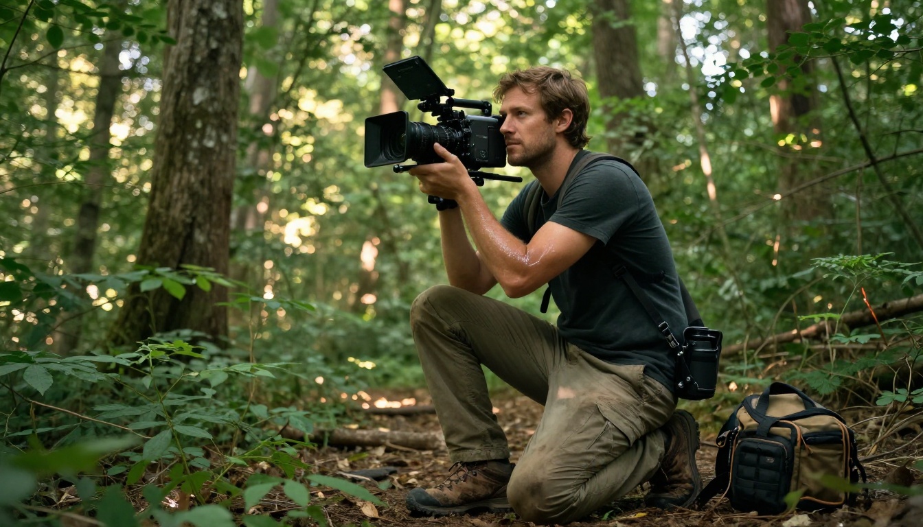 Documentary filmmaker in a lush forest capturing footage with a cinema camera