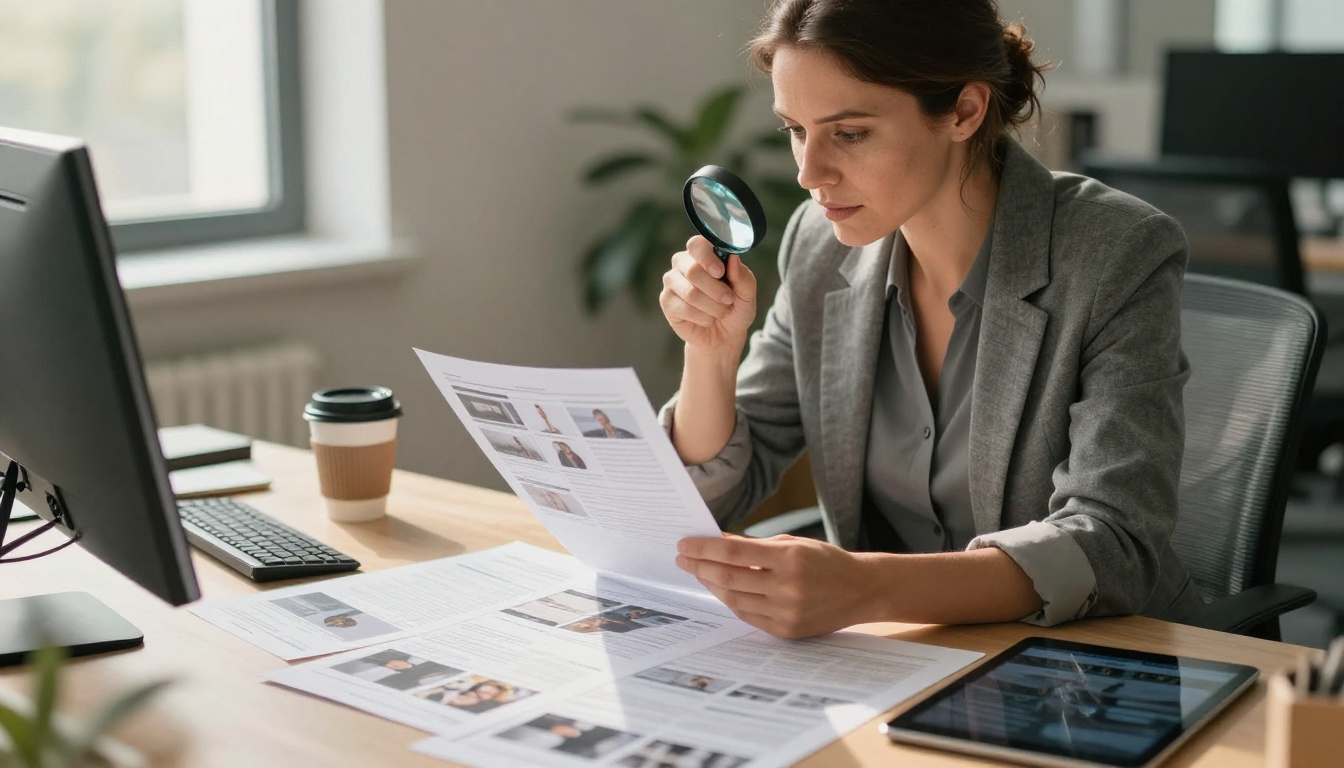 Journalist examining printed video screenshots with a magnifying loupe at her desk
